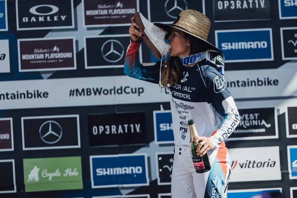 Camille Balanche tastes success at UCI DH World Cup in Snowshoe, USA.