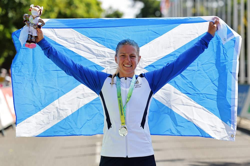 Neah Evans of Team Scotland after finishing second in the Women's Road Race. Credit Alex Whitehead/SWpix.com 