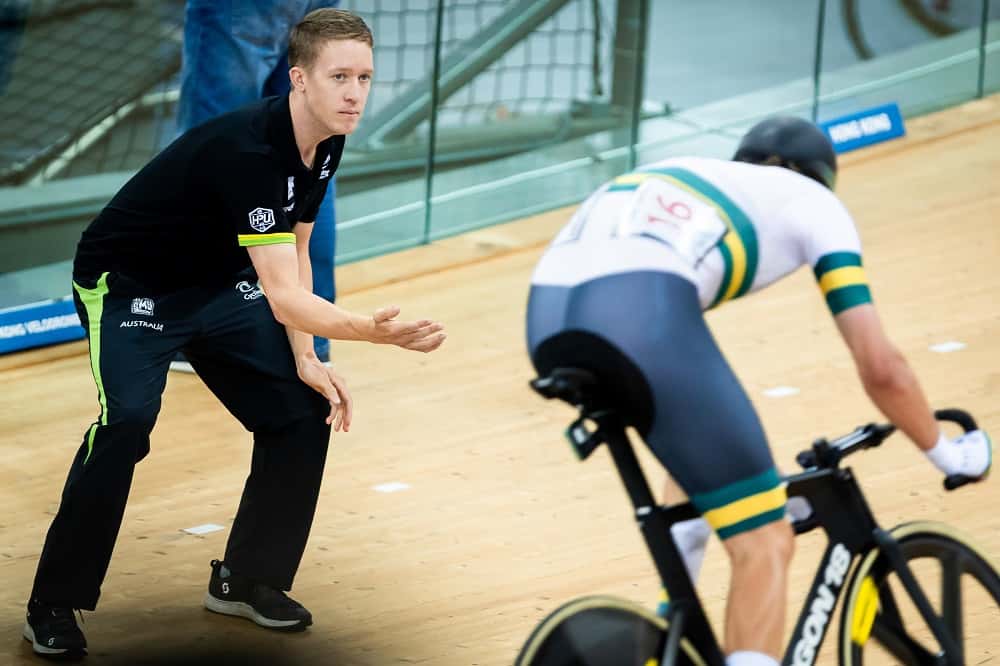 Picture by Alex Whitehead/SWpix.com - 27/01/2019 - Cycling - Tissot UCI Track Cycling World Cup - Hong Kong Velodrome, Tseung Kwan O, Hong Kong - Cameron Meyer of Australia coaches his team-mate during the Men's Madis