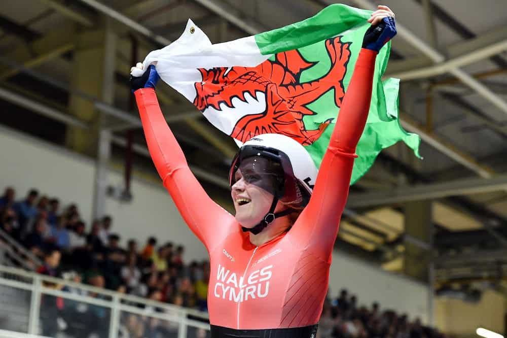 Picture by Will Palmer/SWpix.com - 06/03/2022 - British Cycling - 2022 British National Track Championships - Geraint Thomas National Velodrome of Wales, Newport, Wales - Rhian Edmunds of Team Wales celebrates winning the Womens Team Pursuit